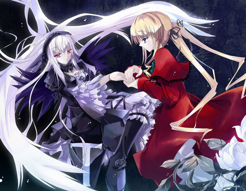 2girls blonde_hair capelet dress floating floating_hair flower frills hairband hand_grab hinoto jpeg_artifacts long_hair long_sleeves multiple_girls profile red_dress red_eyes rose rozen_maiden shinku suigintou very_long_hair white_hair wings