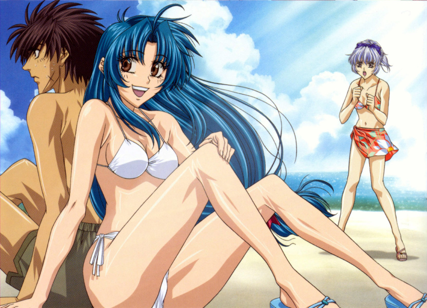 1boy 2girls beach bikini black_hair blue_hair brown_eyes chidori_kaname day full_metal_panic grey_eyes grey_hair highres jealous kamimoto_kanetoshi long_hair long_legs low-tied_long_hair multiple_girls outdoors photoshop_(medium) print_sarong sagara_sousuke sarong short_hair side-tie_bikini_bottom swimsuit teletha_testarossa