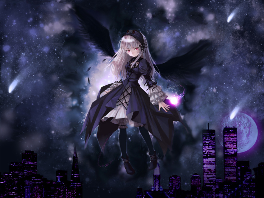 female goth_fashion gothic_lolita kishida_mel lolita_fashion long_sleeves photo_background photoshop_(medium) rozen_maiden solo suigintou wings world_trade_center