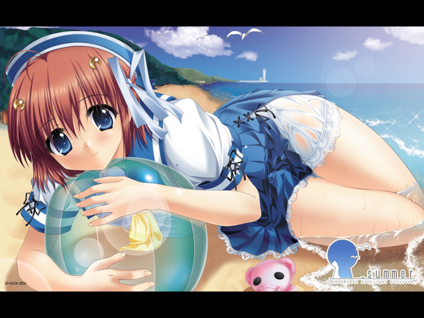 ahoge ball beach beachball blue_eyes brown_hair day female hair_bobbles hair_ornament hair_ribbon hat highres holding holding_ball holding_beachball kaizu_sana lying matsushita_makako outdoors rakko_(makarakko) ribbon school_uniform see-through short_hair skirt smile solo underbar_summer water wet wet_clothes