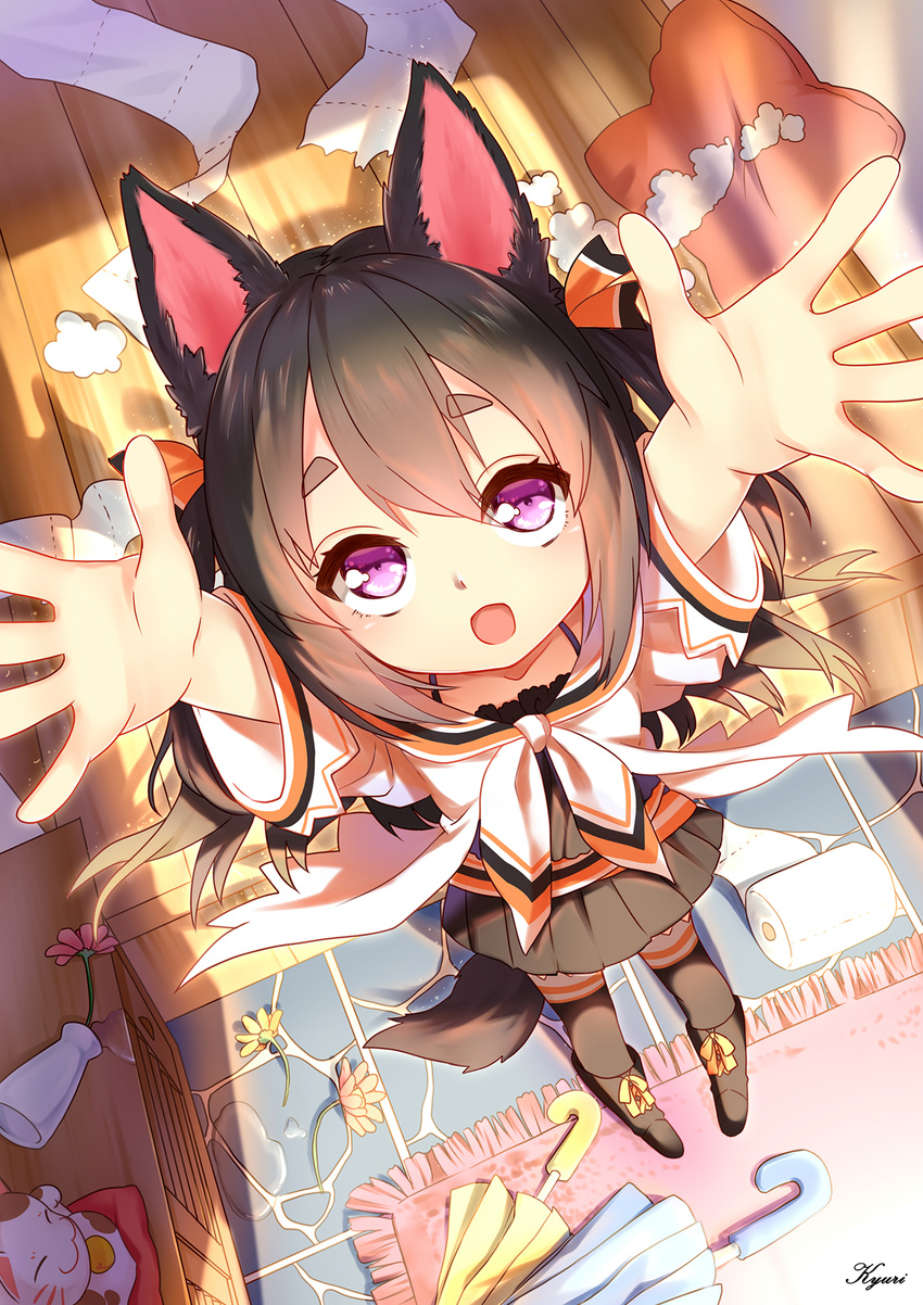 animal_ears black_hair commentary_request female flower highres incoming_hug kisero_(kyuri_tizu) kyuri_tizu looking_up maneki-neko original photoshop_(medium) pillow purple_eyes solo stuffing tail thighhighs toilet_paper umbrella vase wolf_ears wolf_tail