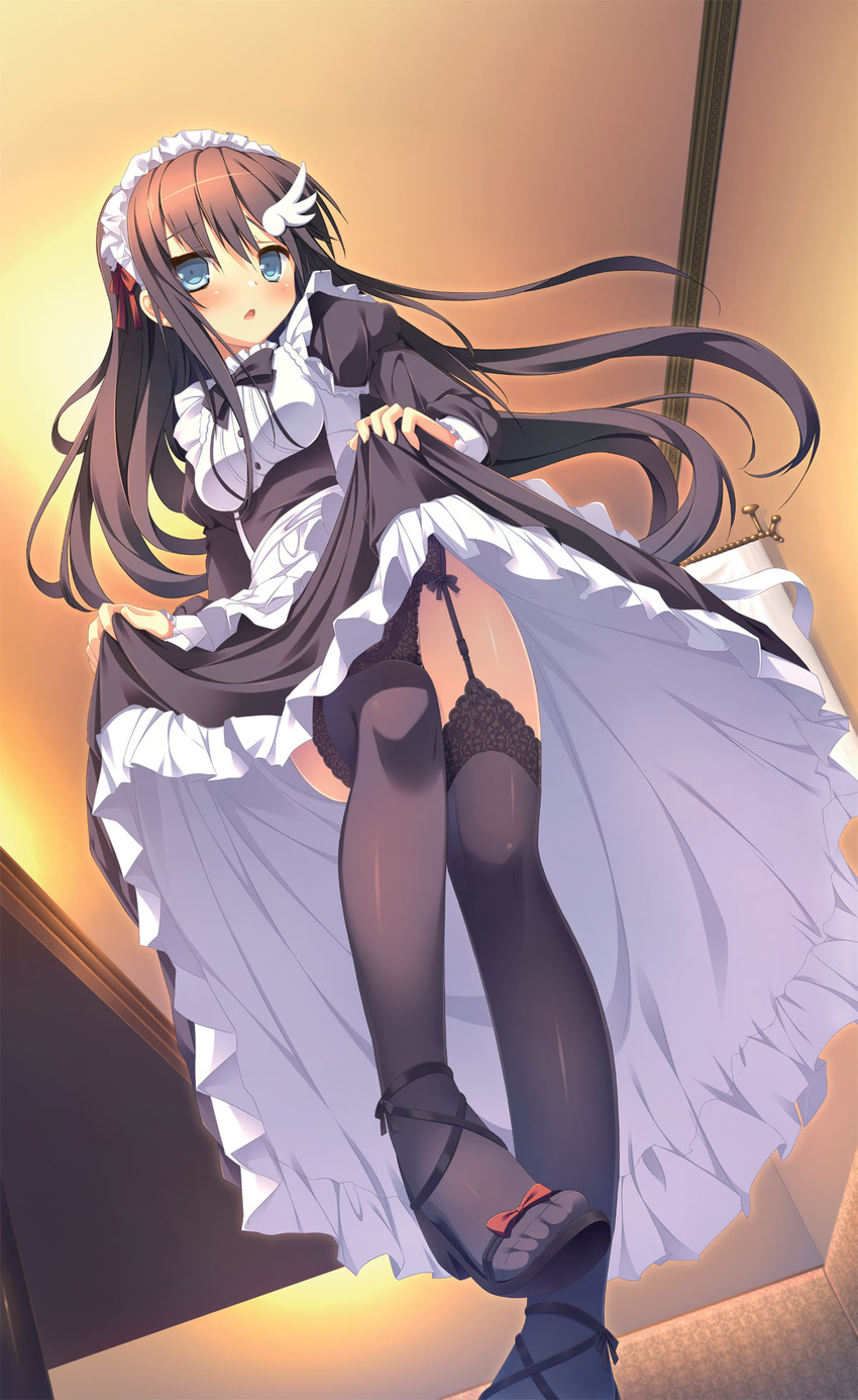 black_panties black_thighhighs blue_eyes brown_hair clothes_lift d: dress dress_lift female from_below garter_straps hair_ornament hairclip highres hondou_ayano lace lace-trimmed_legwear lace_panties lace_trim lifting_own_clothes long_hair maid maid_headdress naka_no_hito_nado_inai! nimura_yuuji open_mouth panties sandals skirt_hold solo thighhighs underwear upskirt walking