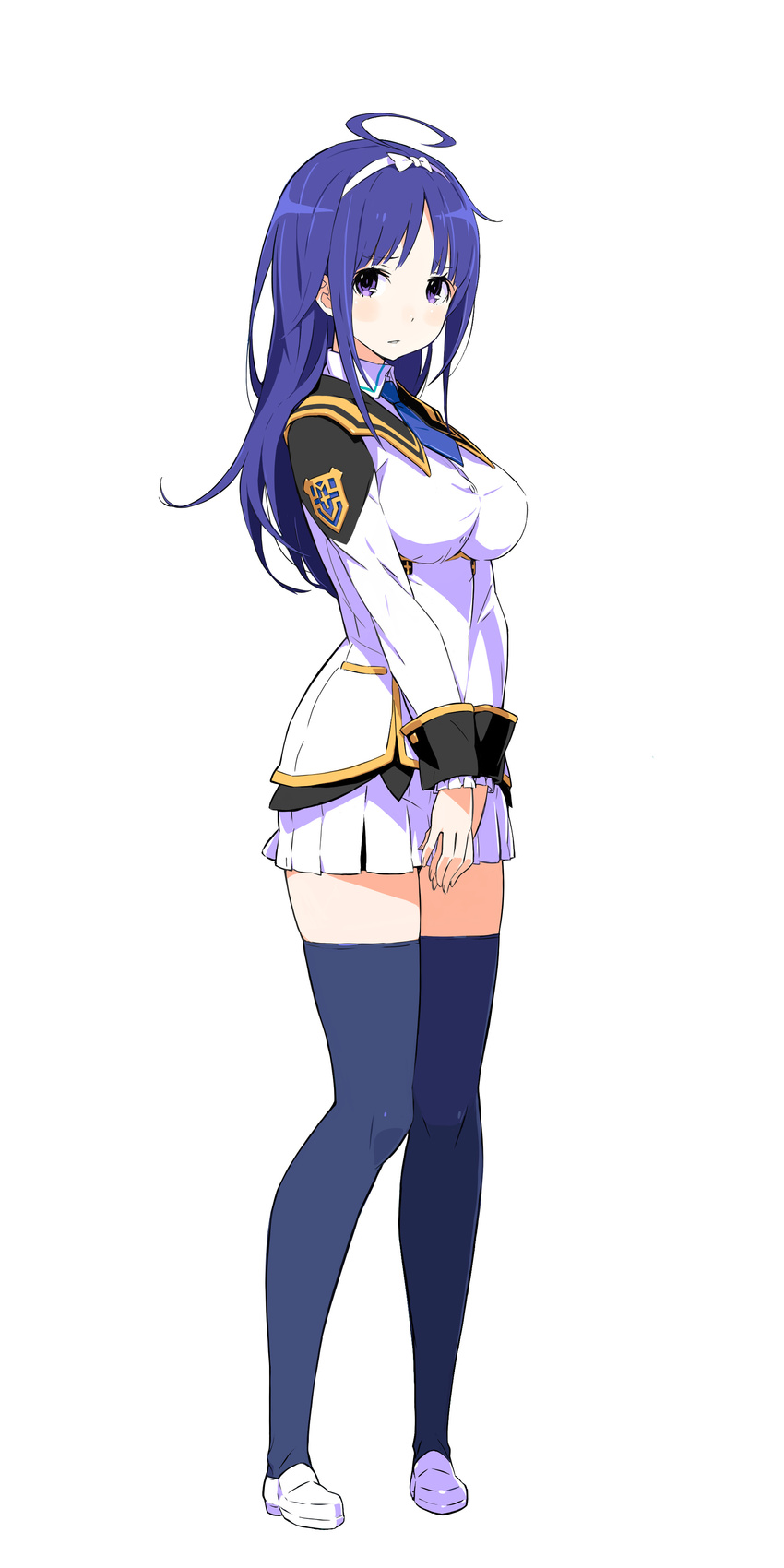 absurdres ahoge blue_hair breasts conception:_ore_no_kodomo_wo_undekure! conception_2 female full_body hairband highres knees_together_feet_apart large_breasts long_hair long_sleeves looking_at_viewer narika_(conception_2) necktie official_art ootsuka_shin'ichirou own_hands_together photoshop_(medium) pleated_skirt purple_eyes simple_background skirt sleeve_cuffs solo thighhighs uniform v_arms white_background