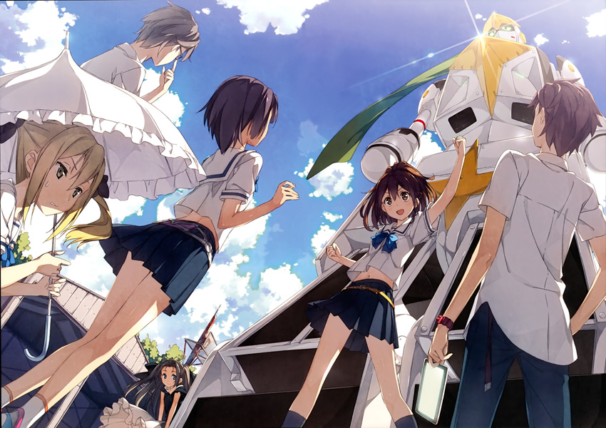 2boys 4girls :d absurdres airi_(robotics;notes) blonde_hair brown_hair cloud daitoku_junna day dress duplicate dutch_angle from_behind grey_hair hidaka_subaru highres image_sample kantoku koujiro_frau lens_flare long_hair mecha multiple_boys multiple_girls open_mouth outdoors parasol ponytail robot robotics;notes school_uniform senomiya_akiho serafuku short_hair skirt sky smile twintails umbrella yandere_sample yashio_kaito