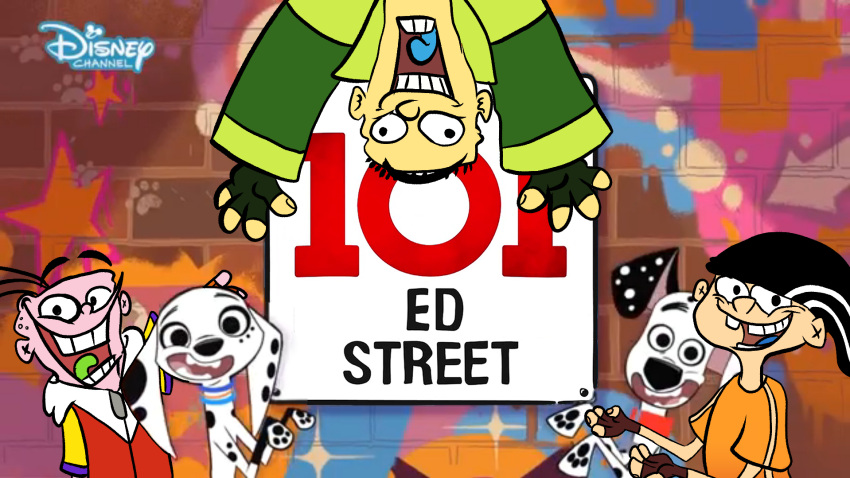 101_dalmatian_street 101_dalmatians 101_ed_street_(fanfiction) canid canine canis cartoon_network clothing collar dalmatian disney dolly_(101_dalmatians) domestic_dog dylan_(101_dalmatians) ed_(eene) ed_edd_n_eddy edd_(eene) eddy_(eene) english_text female fenris64 feral footprint gloves group handwear hat headgear headwear hi_res hoodie human jacket male mammal mural on_ceiling pawprint screencap screencap_background shirt sign smile text topwear upside-down