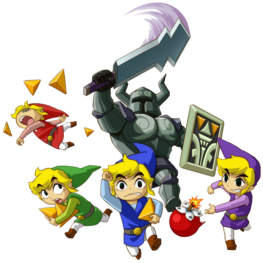 3boys armor belt big_sword black_eyes blonde_hair bomb boots clenched_teeth clothed clothing duo eyebrows eyebrows_visible_through_hair force_gem hair hat highres holding holding_weapon human jewelry knocked_out link looking_at_viewer looking_back male male_focus motion_lines multiple_boys nintendo official_art open_mouth pants phantom_(the_legend_of_zelda) pointy_ears running scared sheath sheathed shield smile speed_lines spirit_tracks swirly_eyes sword teeth the_legend_of_zelda the_legend_of_zelda:_spirit_tracks throwing tongue toon_link toon_zelda tunic weapon worried