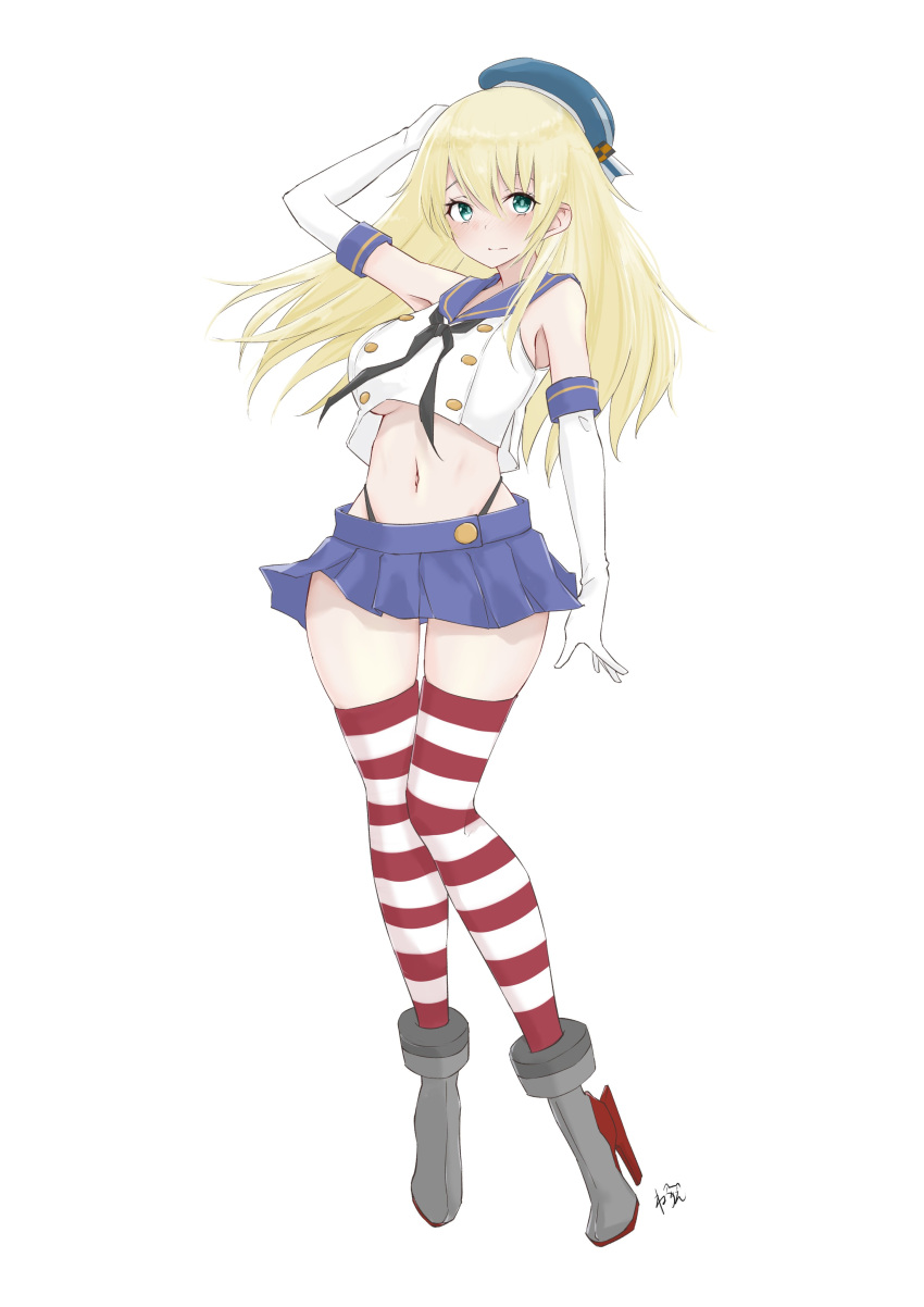 absurdres atago_(cruiser) atago_(kancolle) black_neckerchief black_panties blonde_hair blue_headwear blue_sailor_collar blue_skirt breasts cosplay crop_top elbow_gloves female full_body gloves green_eyes highleg highleg_panties highres kantai_collection large_breasts long_hair looking_at_viewer microskirt neckerchief neve_(morris-minicooper) panties sailor_collar salute shimakaze_(kancolle) shimakaze_(kancolle)_(cosplay) simple_background skirt smile solo striped_clothes striped_thighhighs thighhighs underwear white_background white_gloves