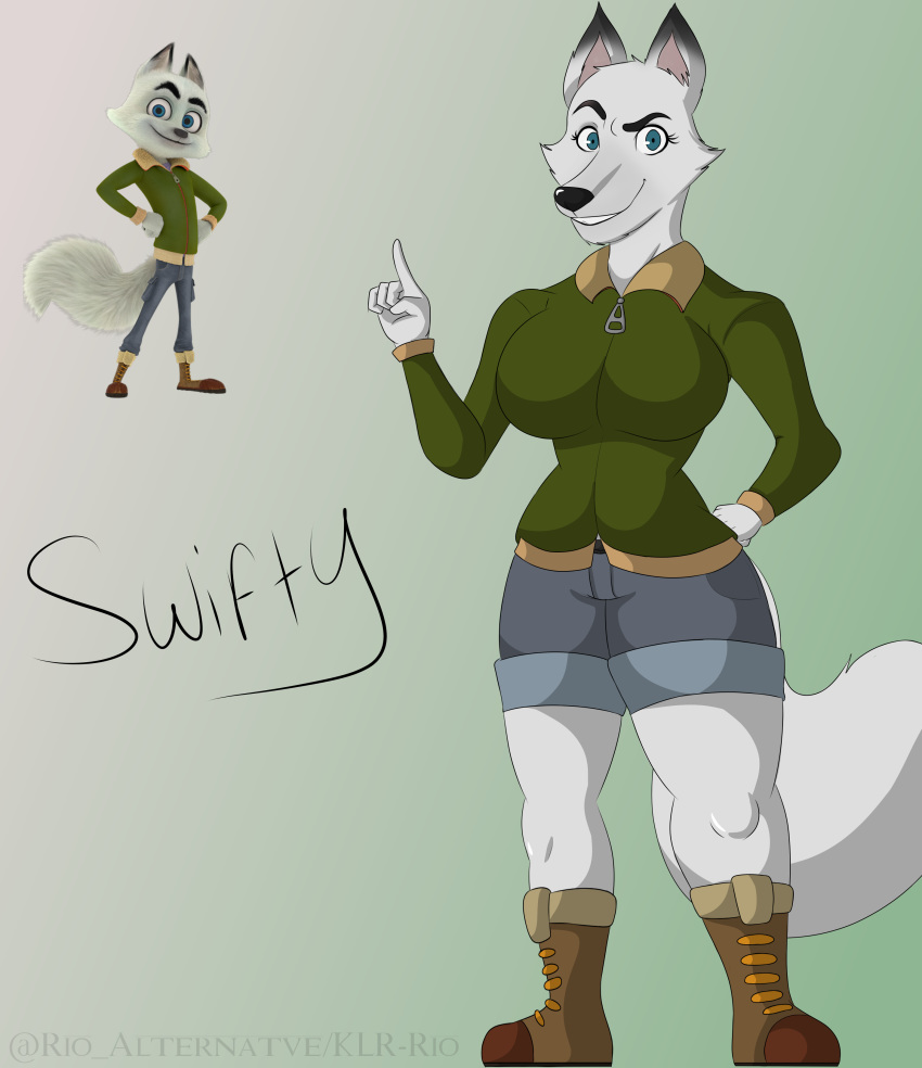 absurd_res anthro arctic_dogs arctic_fox boots bottomwear breasts canid canine clothing digital_media_(artwork) eyelashes female footwear fox fur green_eyes hi_res jacket klr-rio looking_at_viewer mammal rule_63 shorts solo swifty_(arctic_dogs) topwear true_fox