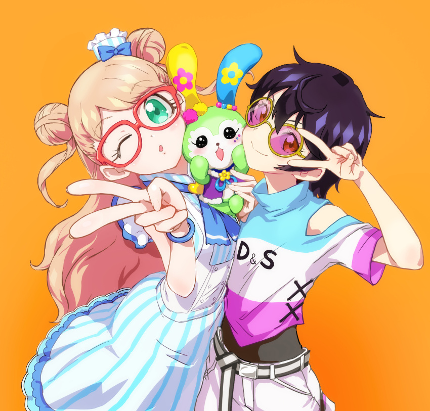 2girls ;o absurdres aqua_eyes belt black_belt black_hair blue_neckerchief blue_shirt blue_stripes blush bracelet cheek-to-cheek clothing_cutout commentary_request double_bun dress facial_mark floral_print flower_(symbol) frilled_dress frills girl_sandwich glasses hair_bun heads_together highres jewelry kanamori_maria kiratto_pri_chan kurokawa_suzu light_brown_hair lips long_hair long_skirt looking_at_viewer mascot multicolored_belt multicolored_shirt multiple_girls neckerchief one_eye_closed orange_eyes partial_commentary pink-tinted_eyewear pink_shirt pose pretty_series puckered_lips rabbily_(kiratto_pri_chan) rabbit red-framed_eyewear sandwiched shirt short_hair short_sleeves shorts shoulder_cutout simple_background single_stripe skirt sleeveless sleeveless_shirt smile stdl striped_belt sunglasses tinted_eyewear upper_body v wavy_hair white_belt white_shirt white_shorts white_skirt white_stripes yellow-framed_eyewear yellow_background