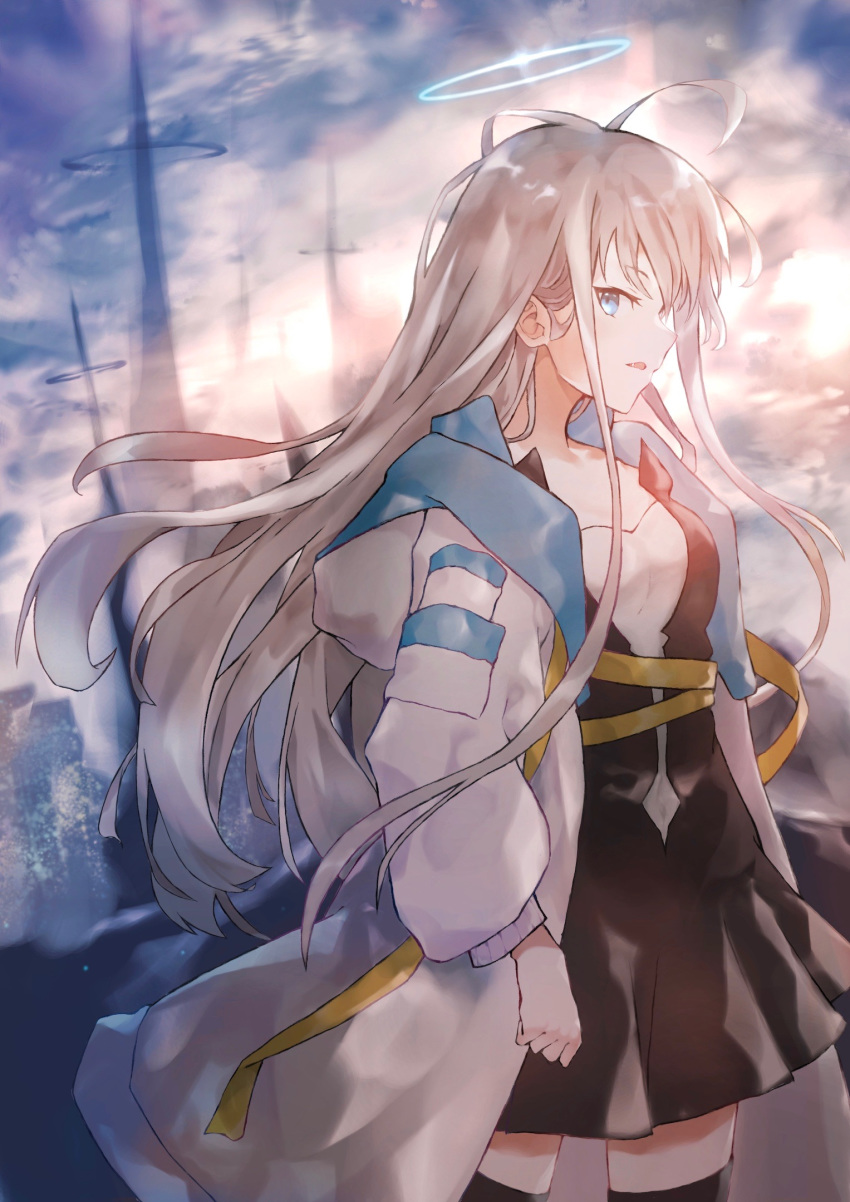 ahoge arm_at_side black_skirt black_thighhighs blue_eyes coat commentary_request day fantasy female grey_hair halo highres hood hood_down k_futoshi_0n0 long_hair original outdoors partial_commentary skirt solo thighhighs white_coat