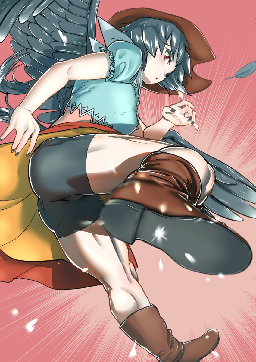 ass bike_shorts black_hair black_wings boots breasts commentary_request cowboy_hat feathers female hat highres incoming_kick kicking kurokoma_saki long_hair looking_at_viewer looking_back medium_breasts motion_blur muscular muscular_female nail_polish nekobatake ponytail pov puffy_short_sleeves puffy_sleeves red_eyes scarf short_sleeves solo speed_lines touhou wings