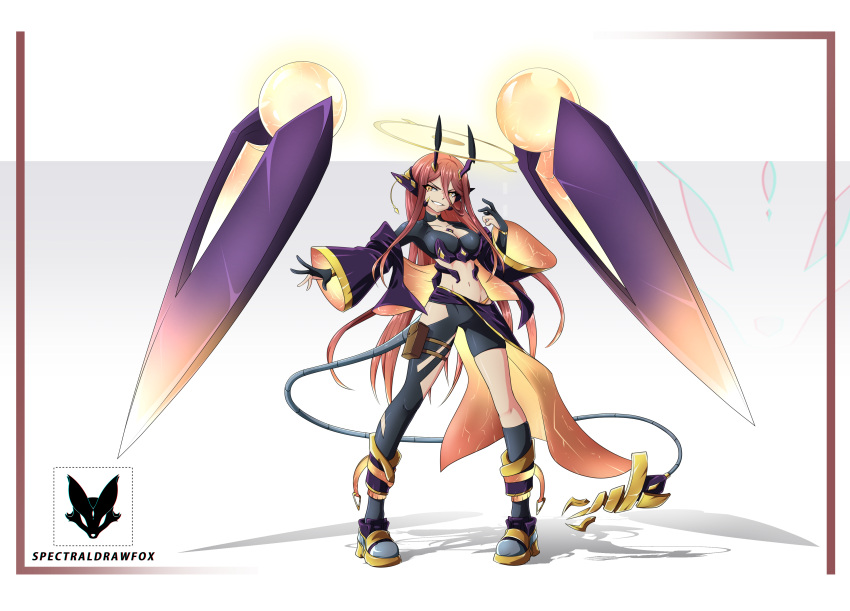 absurdres asymmetrical_legwear between_breasts black_choker black_legwear border breasts cable cable_tail choker cleavage collarbone dragon_girl female halo high_heels highres horns kneehighs logo long_hair mecha_musume mechanical_tail midriff navel off_shoulder open_mouth original pouch red_hair shorts single_kneehigh single_sock single_thighhigh socks spectraldrawfox tail teeth thigh_strap thighhighs thighs wide_sleeves