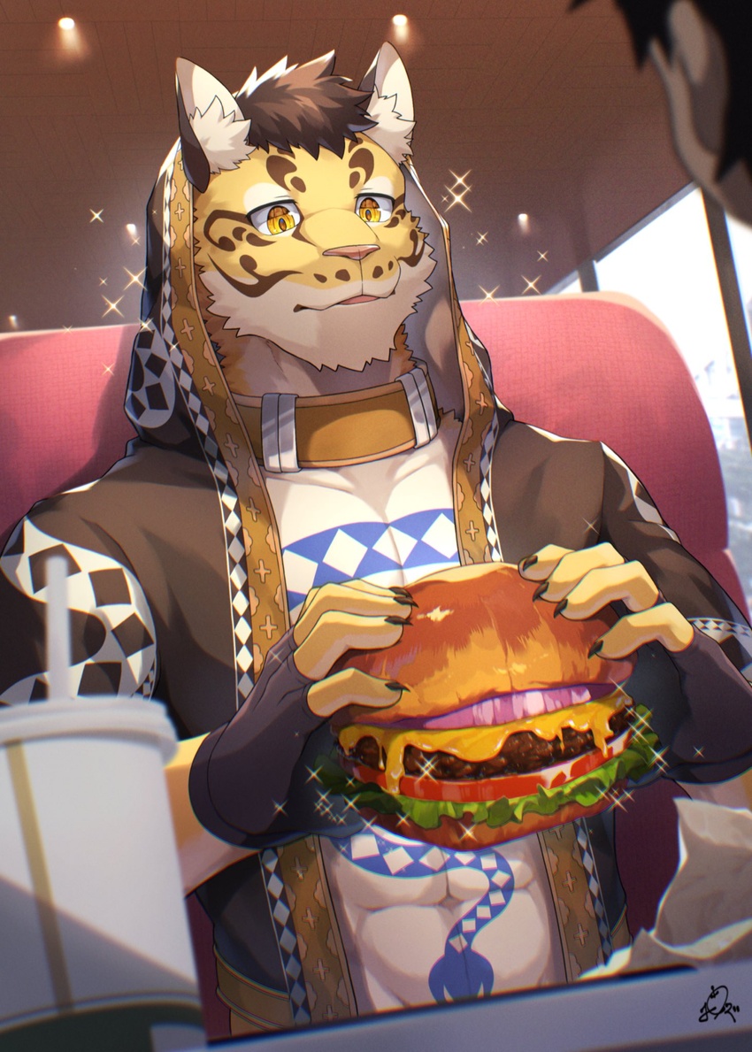 2022 5_fingers anthro beverage building burger clothing clouded_leopard container cup deity detailed detailed_food duo fast_food felid fingers food hi_res holding_food holding_object hood_(clothing) inside likulau male mammal nekojishi offscreen_character offscreen_male pantherine ponzu_tas signature solo_focus sparkles straw_(disambiguation) studio_klondike tattoo topwear