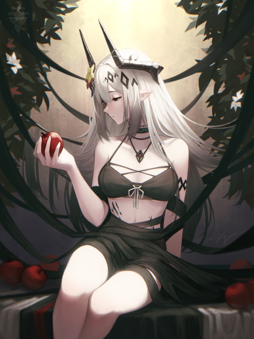 absurdres apple arknights armlet artist_logo artist_name bare_shoulders bikini black_bikini black_choker breasts choker collarbone english_commentary female flower food fruit hair_between_eyes hair_flower hair_ornament half-closed_eyes highres holding holding_food holding_fruit horns infection_monitor_(arknights) long_hair material_growth medium_breasts mudrock_(arknights) mudrock_(silent_night)_(arknights) official_alternate_costume oripathy_lesion_(arknights) pointy_ears red_eyes sidelocks signature sitting solo straight_hair swimsuit velephyr white_hair yellow_flower