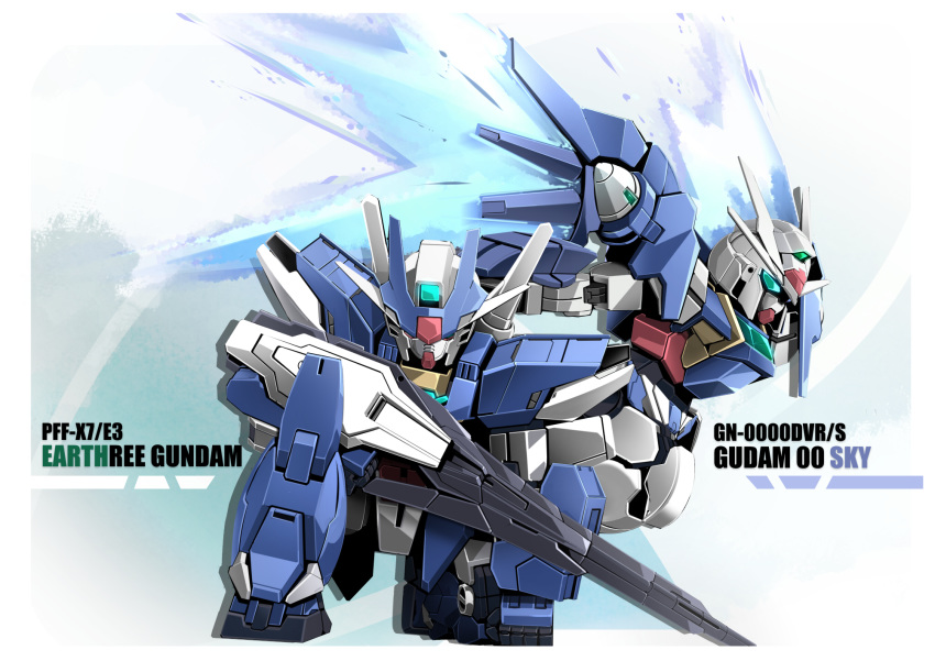 aqua_eyes character_name chibi earthree_gundam energy_wings flying gun gundam gundam_00_sky gundam_build_divers gundam_build_divers_re:rise highres holding holding_gun holding_weapon looking_down mecha no_humans robot science_fiction sibelurabbi v-fin weapon