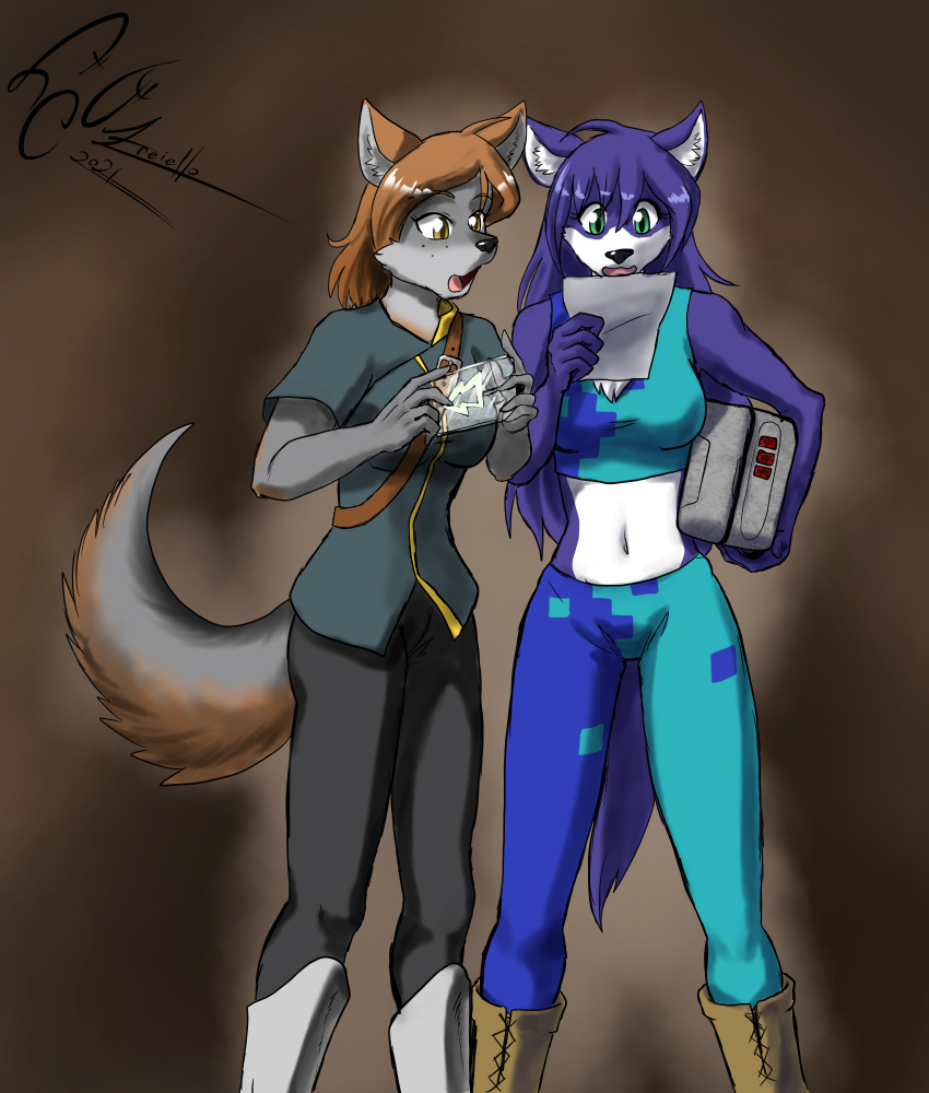 anthro bloodline bloodline_(webcomic) canid canine canis city_of_ember clothed clothing dekaisen duo ember_(bloodline) female fox fur green_eyes grey_body grey_fox grey_fur hair hi_res mammal midriff navel sil_(bloodline) simple_background tuft urocyon wolf