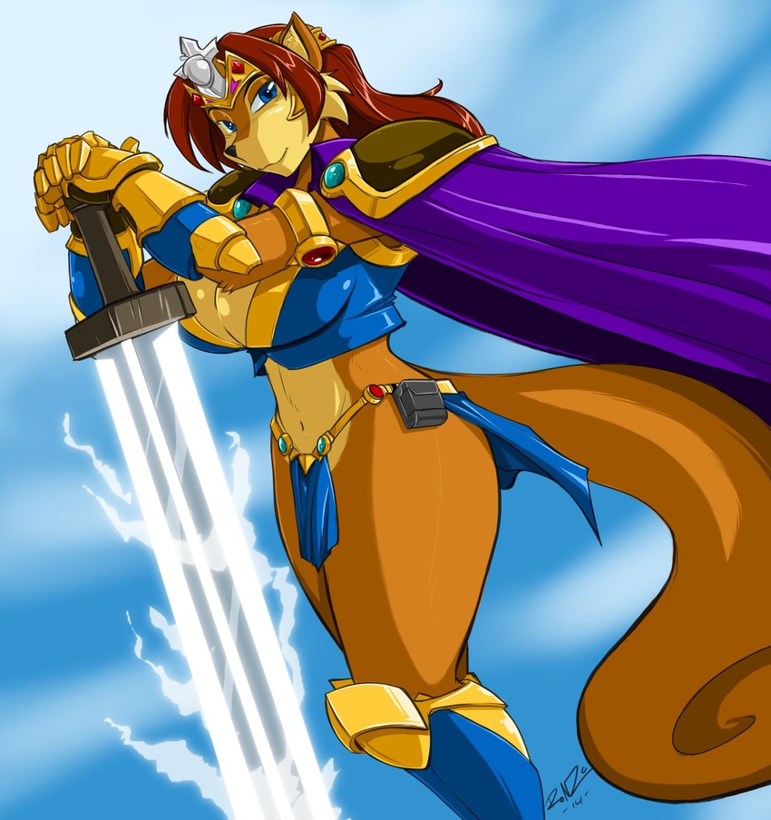 2014 anthro archie_comics armor big_breasts black_nose blue_eyes breasts brown_body brown_fur chipmunk clothed clothing crown female fur ground_squirrel hair headgear hi_res huge_breasts mammal melee_weapon midriff navel red_hair rodent sally_acorn sciurid sega shonuff skimpy solo sonic_the_hedgehog_(archie) sonic_the_hedgehog_(comics) sonic_the_hedgehog_(series) sword tree_squirrel unconvincing_armor weapon