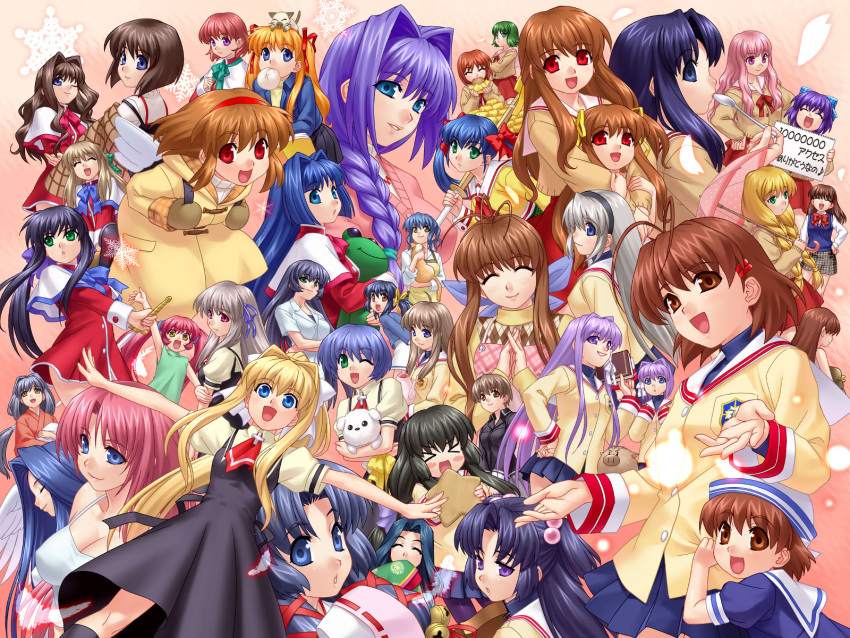 6+girls air_(visual_novel) amano_mishio blonde_hair botan_(clannad) clannad company_connection crossover everyone feline fujibayashi_kyou fujibayashi_ryou furukawa_nagisa furukawa_sanae hair_intakes highres hirose_maki ibuki_fuuko ibuki_kouko ichinose_kotomi kamio_haruko kamio_misuzu kannabi_no_mikoto kanon kawana_misaki kawasumi_mai key_(company) kirishima_hijiri kirishima_kano kouzuki_mio kurata_sayuri long_hair low-tied_long_hair michiru_(air) milestone_celebration minase_akiko minase_nayuki misaka_kaori misaka_shiori miyama_yukimi miyazawa_yukine multiple_girls nagamori_mizuka okazaki_ushio one_-_kagayaku_kisetsu_e orihara_misao pantyhose photoshop_(medium) piro potato_(air) sagara_misae sakagami_tomoyo satomura_akane sawatari_makoto shiina_mayu_(one) siblings sisters sleeves_rolled_up sunohara_mei toono_minagi tsukimiya_ayu twins uraha_(air) yaobikuni_(air) yuzuki_shiiko zen_(kamuro)