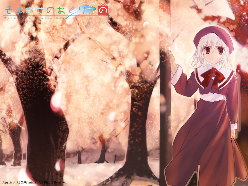 beret brown_eyes cherry_blossoms dress falling_petals female hat long_sleeves outdoors petals pole school_uniform smile solo straight-on tree tsukishiro_hikari white_hair wind_a_breath_of_heart yuuki_tatsuya