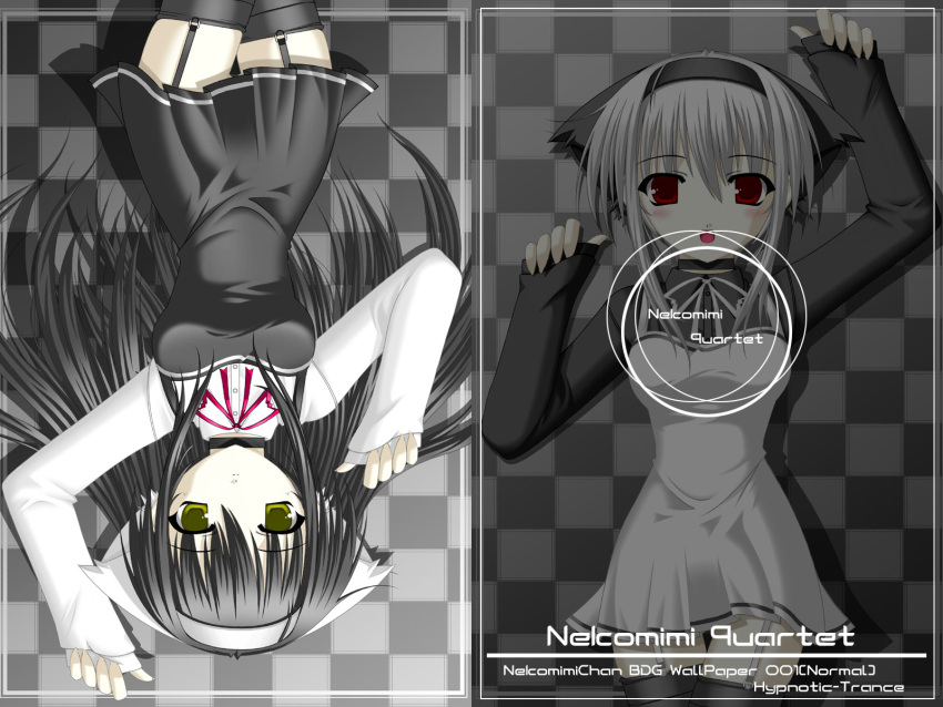 2girls animal_ears cat_ears copyright_request highres hypnotic-trance multiple_girls rotational_symmetry thighhighs