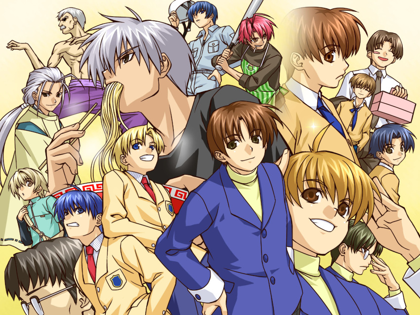 6+boys air_(visual_novel) aizawa_yuuichi clannad company_connection crossover everyone furukawa_akio highres hiiragi_kappei hikami_shun kanon key_(company) kitagawa_jun koumura_toshio kunisaki_yukito kuze_(kanon) male_focus multiple_boys okazaki_naoyuki okazaki_tomoya one_-_kagayaku_kisetsu_e orihara_kouhei photoshop_(medium) ryuuya sumii_mamoru sunohara_youhei tachibana_keisuke yoshino_yuusuke zen_(kamuro)