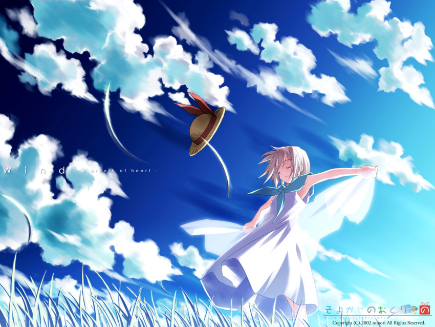 2002 backlighting bare_arms blue_sky closed_eyes closed_mouth cloud copyright_name dress female from_below grass hat hat_loss hat_ribbon outdoors outstretched_arms ribbon shawl sky smile solo spread_arms standing straw_hat tsukishiro_hikari unworn_hat unworn_headwear white_dress wind wind_a_breath_of_heart yuuki_tatsuya