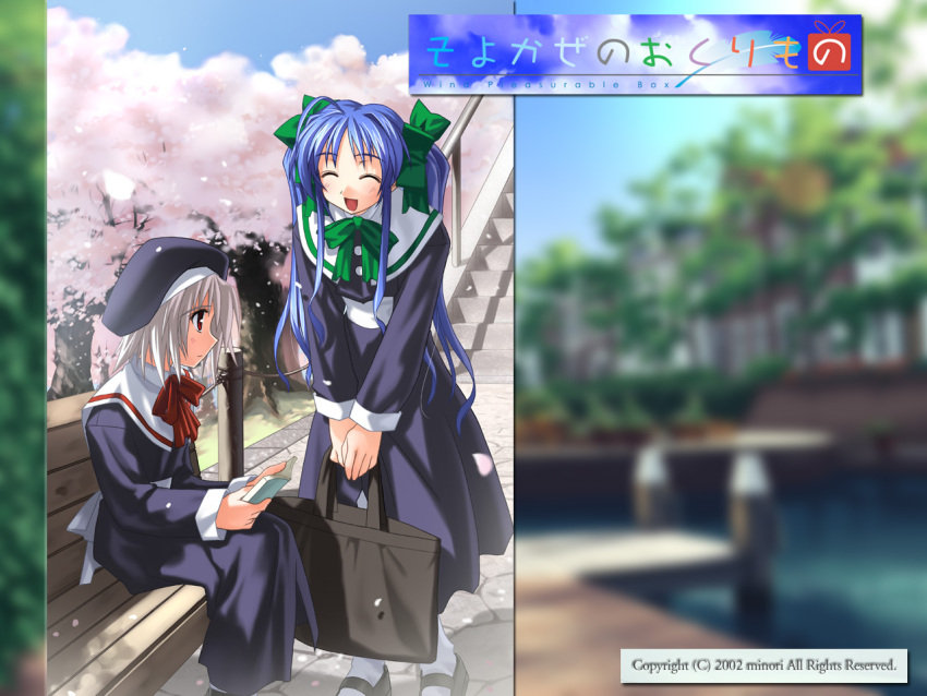 2girls :d ^_^ black_dress blue_hair bow bowtie briefcase cherry_blossoms closed_eyes dress from_side full_body green_bow green_bowtie grey_hair holding long_hair long_sleeves multiple_girls narukaze_minamo open_mouth outdoors plant profile sailor_collar school_briefcase school_uniform serafuku sidelocks simple_background smile spring_(season) standing tree tsukishiro_hikari twintails v_arms wind_a_breath_of_heart yuuki_tatsuya