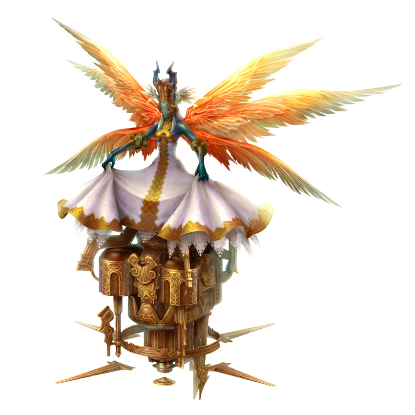 blue_skin closed_eyes colored_skin dress feathered_wings female final_fantasy final_fantasy_tactics_advance final_fantasy_xii head_wings highres multiple_wings photoshop_(medium) psychic rpgamer skirt_hold solo ultima_(ffta) white_hair wings