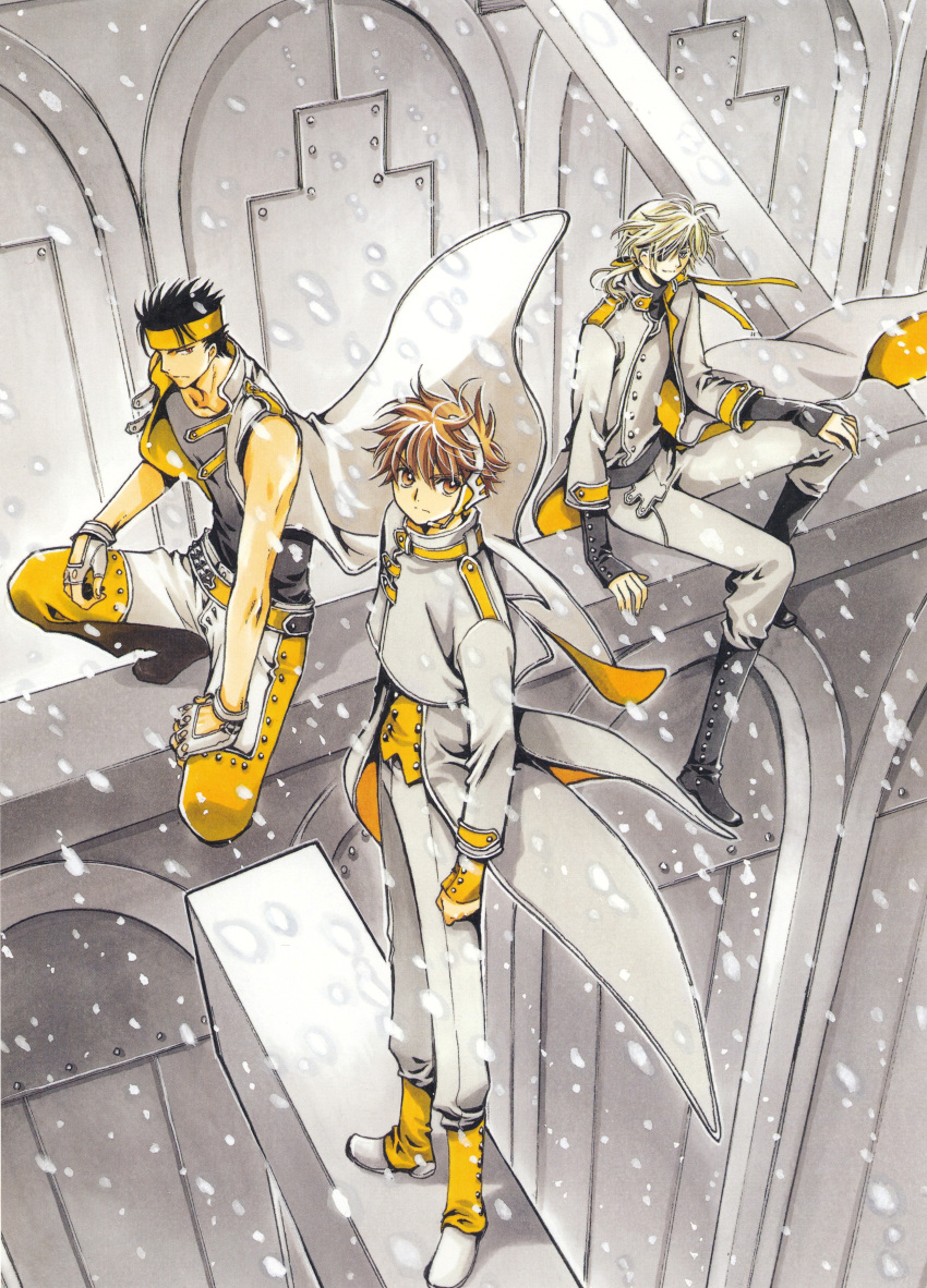 3boys absurdres black_hair blonde_hair brown_eyes brown_hair clamp_(circle) fai_d._flowright highres kurogane_(tsubasa_chronicle) looking_at_viewer male_focus multiple_boys ribbon sitting snow tsubasa_chronicle xiaolang yellow_ribbon