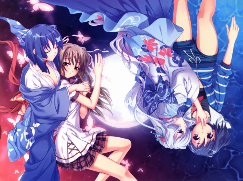 4girls akai_ito aoi_shiro blue_eyes blue_hair breasts brown_eyes brown_hair bug butterfly casual cleavage flat_chest full_moon hair_ornament hair_ribbon hairclip hatou_kei highres holding_hands japanese_clothes kimono light_smile long_hair medium_breasts moon multiple_girls nami_(aoi_shiro) obi official_art osanai_shouko purple_eyes ribbon sash school_uniform serafuku short_hair shorts small_breasts smile upside-down water yasaka_minato yukata yumei yuri