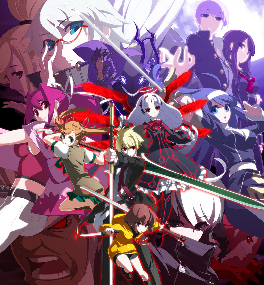 6+boys 6+girls ahoge black_hair blonde_hair box_art brown_hair byakuya_(under_night_in-birth) carmine_(under_night_in-birth) chaos_(under_night_in-birth) crop_top dual_wielding everyone full_moon glasses gordeau_(under_night_in-birth) green_eyes highres hilda_(under_night_in-birth) holding huge_ahoge huge_weapon kido_hyde knife linne_(under_night_in-birth) merkava_(under_night_in-birth) midriff moon multicolored_hair multiple_boys multiple_girls nanase_(under_night_in-birth) official_art orie_ballardiae_harada purple_eyes purple_hair rapier red-framed_eyewear red_eyes reverse_grip school_uniform scythe semi-rimless_eyewear short_hair smile sword tsukuyomi_(under_night_in-birth) twintails two-tone_hair under-rim_eyewear under_night_in-birth vatista_(under_night_in-birth) waldstein_(under_night_in-birth) weapon white_hair yoshihara_seiichi yuzuriha_(under_night_in-birth)