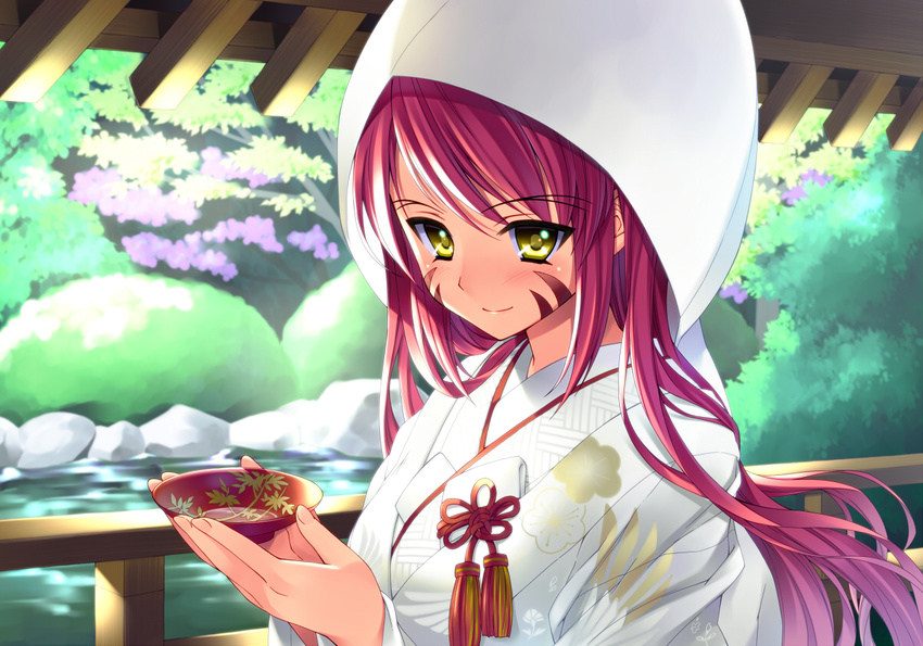 blush bride bucchake_(asami) commentary_request cup facial_mark female hood hood_up japanese_clothes kimono long_hair oda_nobunaga_(sengoku_otome) red_hair sakazuki sengoku_otome smile solo uchikake yellow_eyes