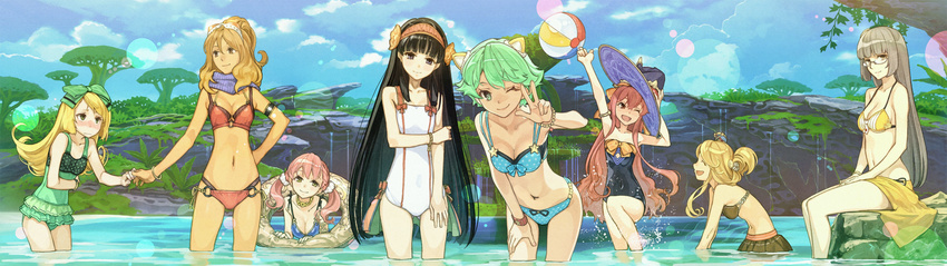 6+girls :d ;) ;d arm_up armlet atelier_(series) atelier_shallie ball bangle beachball bikini black_hair black_one-piece_swimsuit blonde_hair blue_bikini blush bow bracelet breasts brown_eyes brown_hair cleavage closed_eyes cloud collarbone covered_navel day escha_malier fingernails frilled_one-piece_swimsuit frills from_side game_cg glasses goggles goggles_on_head green_eyes green_hair hair_ornament hairband hairbow hand_on_headwear hand_on_own_thigh hat hidari_(left_side) highres holding_hands innertube jewelry jurie_crotze katla_larchica leaning_forward lens_flare light_green_hair linca_(atelier) linca_(seventh)_(atelier) long_hair looking_at_another looking_at_viewer medium_breasts miruca_crotze multiple_girls navel nose_blush o-ring o-ring_bikini official_art one-piece_swimsuit one_eye_closed open_mouth outdoors pink_hair polka_dot polka_dot_bikini polka_dot_swimsuit profile purple_eyes scrunchie semi-rimless_eyewear shallistera_(atelier) shallotte_elminus short_hair sidelocks sideways_mouth sitting small_breasts smile soaking_feet standing star_(symbol) swim_ring swimsuit tree twintails under-rim_eyewear very_long_hair w wading water wavy_mouth white_one-piece_swimsuit wilbell_voll-ersleid witch_hat wristband yellow_bikini