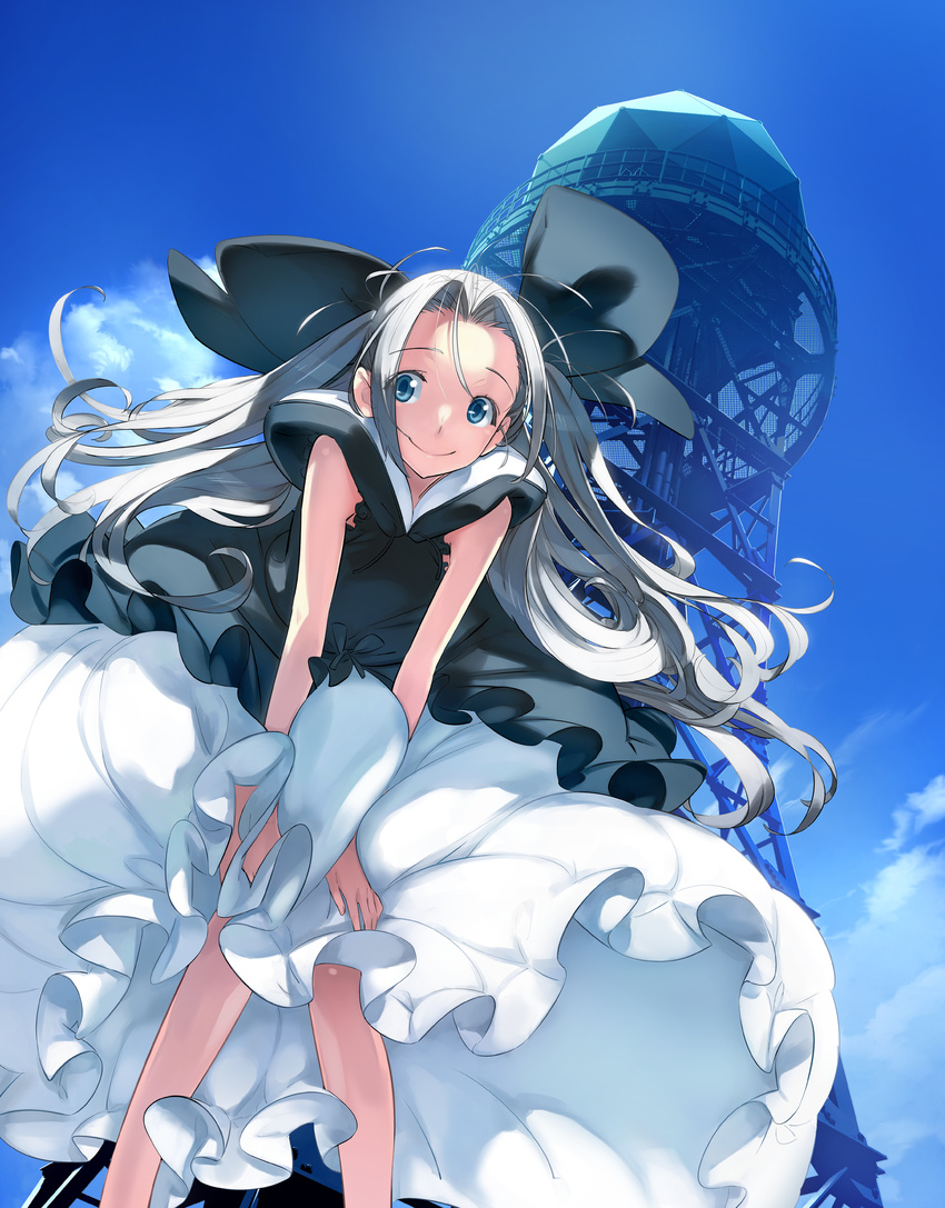 absurdres airi_(robotics;notes) blue_eyes day dress female fukuda_tomonori grey_hair highres long_hair official_art ribbon robotics;notes sky solo