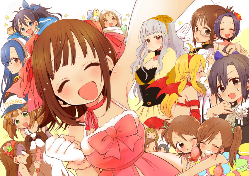 1boy 6+girls :q ^_^ akizuki_ritsuko akizuki_ryo amami_haruka animal bad_id bad_pixiv_id beyond_the_nobles_(idolmaster) black_hair blonde_hair blue_hair blush brown_hair candy canine choker closed_eyes demon_wings food futami_ami futami_mami ganaha_hibiki glasses gloves green_eyes hagiwara_yukiho hair_ribbon hairband hamster hamuzou hat hidaka_ai hoshii_miki idolmaster idolmaster_(classic) idolmaster_dearly_stars inumi kikuchi_makoto kisaragi_chihaya long_hair minase_iori miura_azusa mizutani_eri multiple_girls open_mouth ribbon shijou_takane short_hair siblings side_ponytail smile st_bernard takatsuki_yayoi tongue tongue_out twins warabeshi white_gloves wings