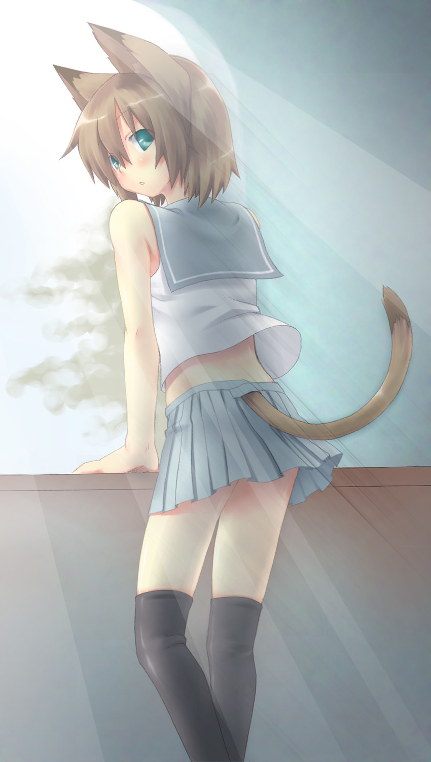 animal_ears bare_shoulders brown_hair cat_ears cat_tail commentary_request copyright_request female green_eyes highres looking_at_viewer looking_back majima_yuki school_uniform serafuku short_hair skirt sleeveless solo tail thighhighs