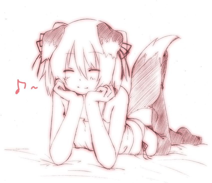 animal_ears camisole closed_eyes commentary_request copyright_request dog_ears dog_tail female flat_chest highres lying majima_yuki monochrome musical_note on_stomach panties short_hair side-tie_panties simple_background smile solo tail thighhighs underwear white_background