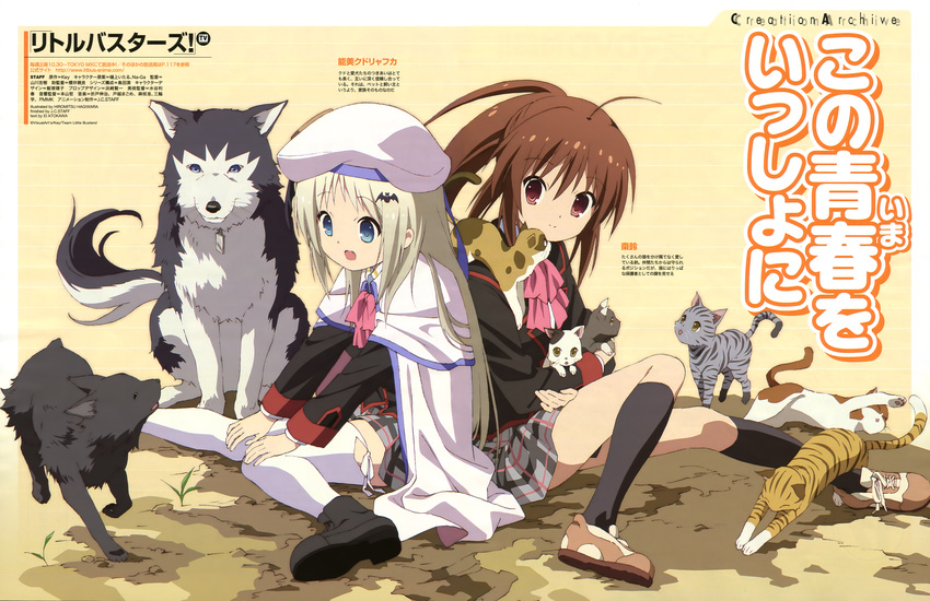 2girls absurdres aqua_eyes belka black_legwear blonde_hair blue_eyes bow brown_eyes brown_hair canine cape feline grey_hair hagiwara_hiromitsu hair_ornament hat highres kneehighs little_busters! little_busters!_school_uniform long_hair multiple_girls natsume_rin newtype noumi_kudryavka oerba_yun_fang official_art open_mouth pink_bow plaid plaid_skirt ponytail red_eyes ribbon scan school_uniform shoes skirt smile socks strelka thighhighs too_many too_many_cats white_legwear