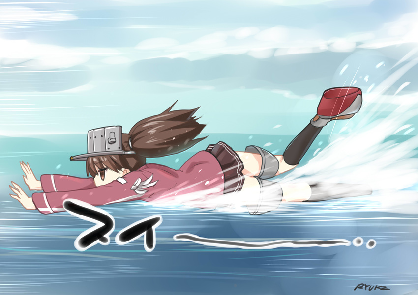 absurdres artist_name black_socks brown_eyes brown_hair cloud commentary_request convenient_breasts day female flat_chest_joke hat highres kantai_collection kneehighs long_hair meme outstretched_arms ryuki_(ryukisukune) ryuujou_(kancolle) skirt sky sliding socks solo twintails water waterskiing_(meme)