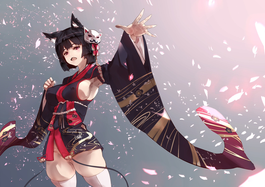 :d agovitch animal_ears armpits azur_lane bad_id bad_pixiv_id bell black_hair black_kimono blush breasts clenched_hand covered_nipples cowboy_shot female floral_print furisode groin hair_ornament head_tilt highres japanese_clothes jingle_bell kimono kimono_skirt large_breasts long_sleeves looking_at_viewer no_panties oerba_yun_fang open_mouth outstretched_arm short_hair short_kimono sideless_kimono skindentation smile solo standing thighhighs white_thighhighs yamashiro_(azur_lane)