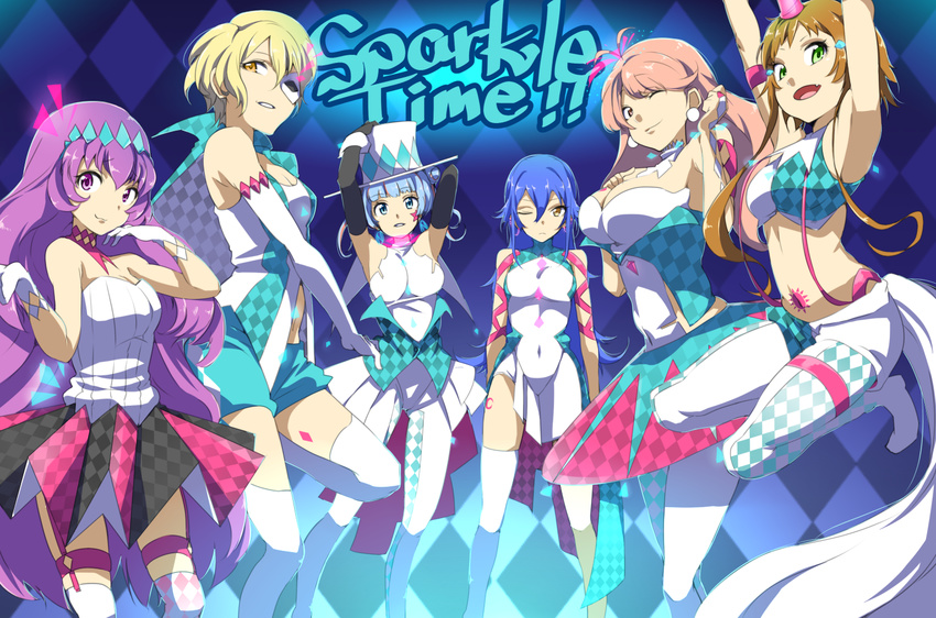 6+girls aqua_eyes bebebe_(pepegakii) blonde_hair blue_hair blush brown_eyes brown_hair commentary_request dress elbow_gloves garter_straps gloves grin hanyuuda_mito hat horns horse_tail jumping kotobuki_qruit long_hair looking_at_viewer mask midriff misonoo_mana multicolored_hair multiple_girls nanasaki_nicole navel oerba_yun_fang one_eye_closed open_mouth pink_hair purple_hair short_hair shorts single_horn smile suspenders tail thighhighs tokyo_7th_sisters top_hat two-tone_hair wakaouji_rui yusa_memoru