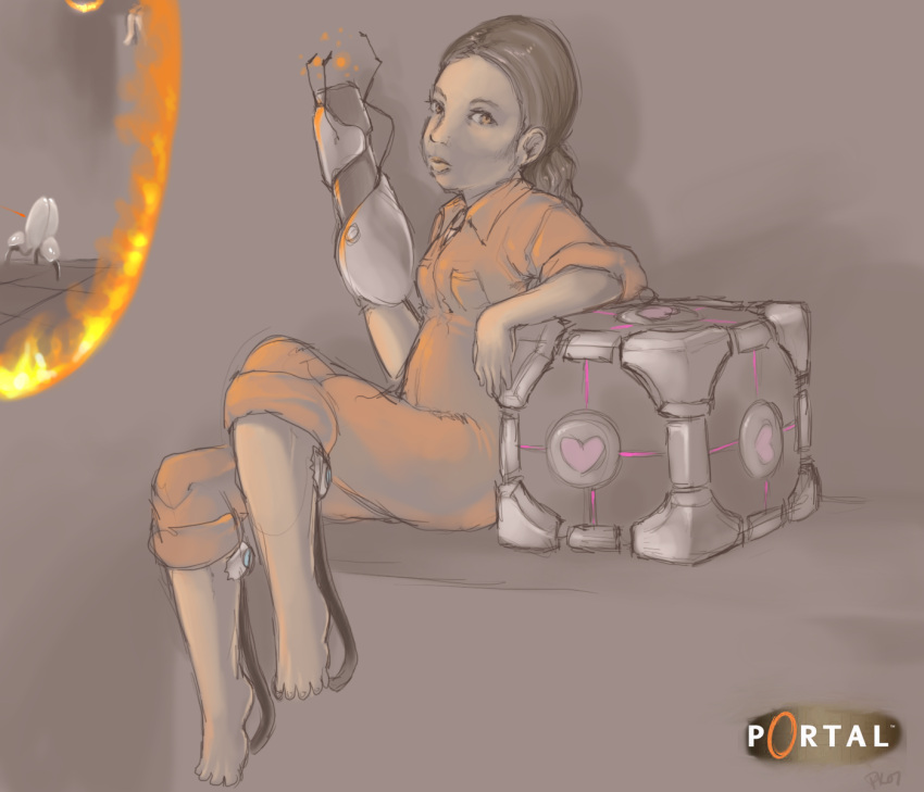 aperture_science_advanced_knee_replacement aperture_science_weighted_companion_cube brown_eyes brown_hair chell female glitchedpuppet heart highres imageboard_desourced jumpsuit long_hair non-web_source orange_jumpsuit ponytail portal_(object) portal_(series) portal_1 sentry_turret_(portal) sleeves_rolled_up