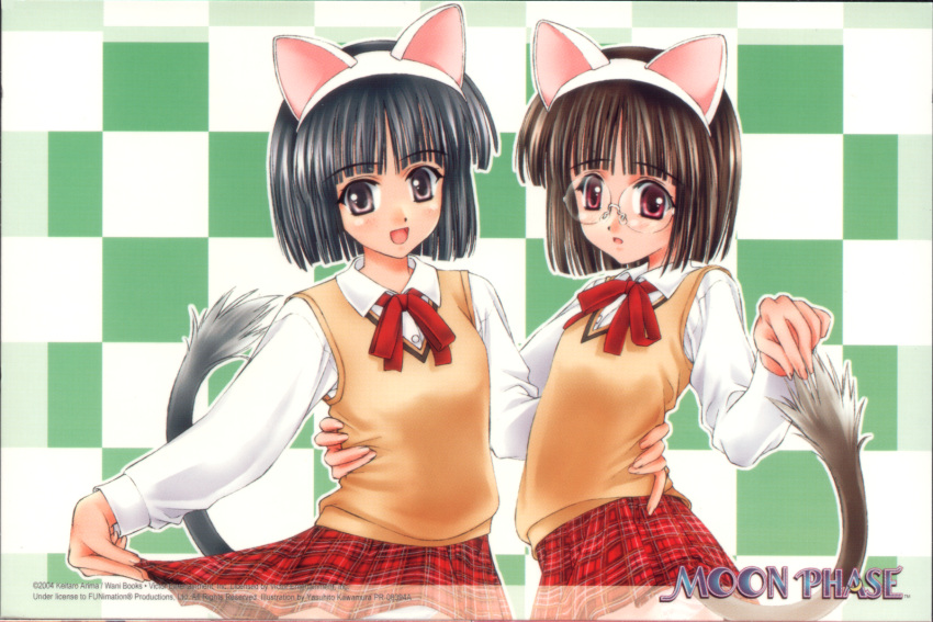 2girls animal_ears cat_ears end_card glasses highres kawamura_yasuhito midou_hikaru midou_kaoru multiple_girls school_uniform tail tsukuyomi_moonphase