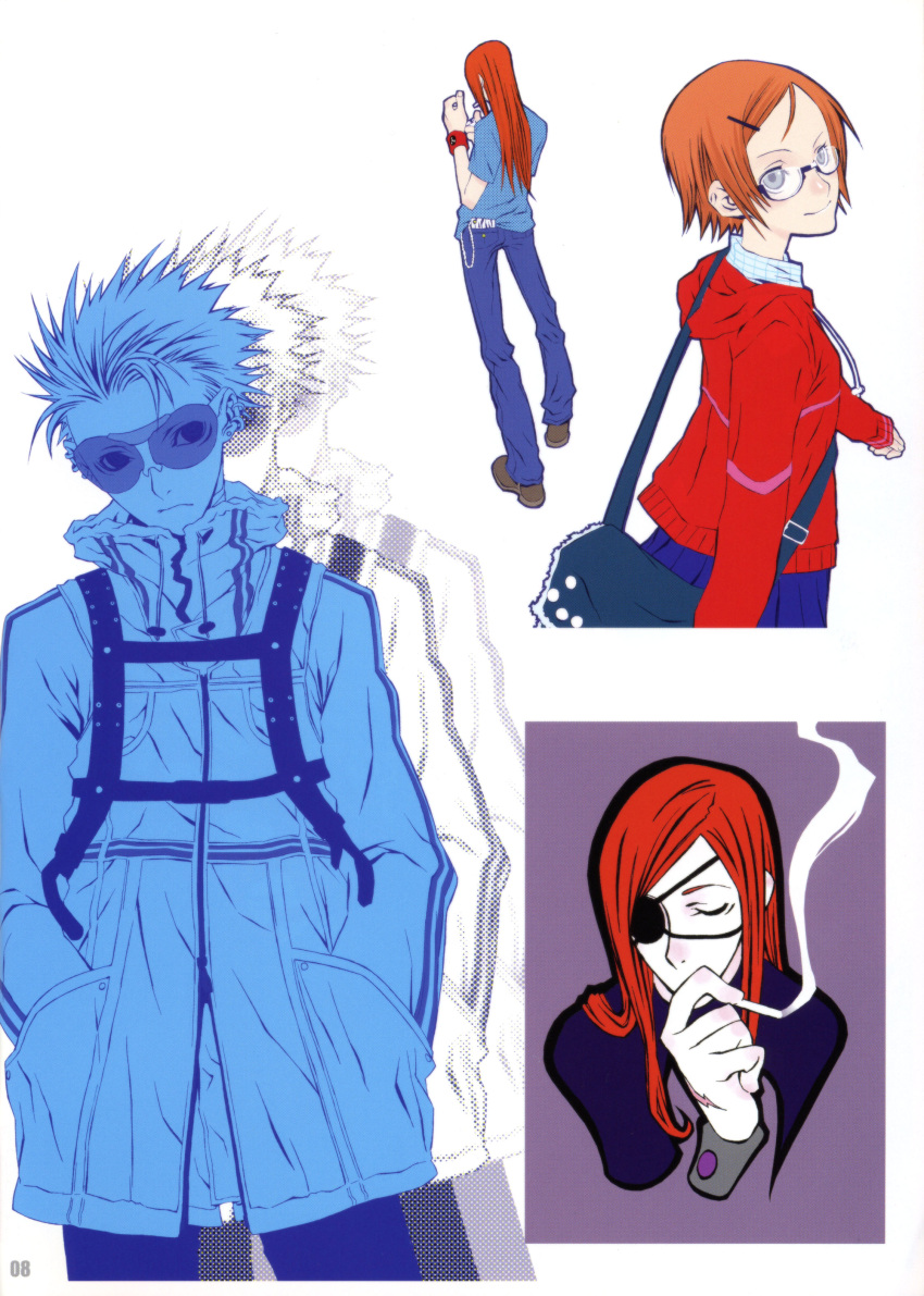 2boys absurdres badou_nails cigarette dogs:_bullets_&_carnage female glasses haine_rammsteiner highres jacket mimi_(dogs) miwa_shirow multiple_boys photoshop_(medium) smoking