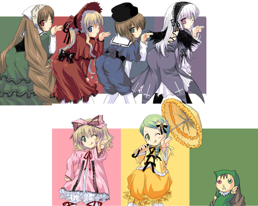 6+girls artist_request ass blonde_hair bow hat hinaichigo jinki jissouseki kanaria kodona lolita_fashion long_hair multiple_girls one_eye_closed parody pink_bow pointing porkpie_hat rozen_maiden shinku short_hair siblings sisters souseiseki suigintou suiseiseki twins umbrella