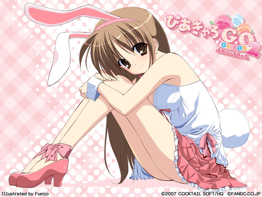 animal_ears brown_eyes brown_hair camisole female fumio_(ura_fmo) high_heels highres hugging_own_legs kunugi_ayano long_hair long_legs non-web_source pia_carrot_(series) pia_carrot_e_youkoso!!_g.o. rabbit_ears rabbit_tail ribbon shoes sitting skirt smile solo tail