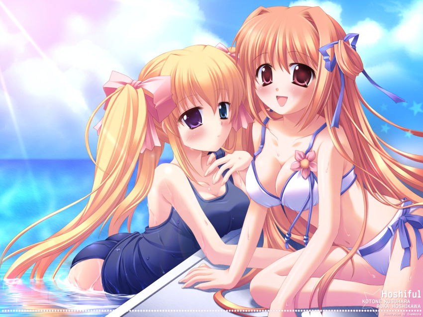 2girls bikini blonde_hair blue_eyes blush breasts cleavage day evemoina flower hair_ribbon heterochromia highres hoshiful hoshikawa_ruka kusuhara_kotone looking_at_viewer medium_breasts multiple_girls one-piece_swimsuit orange_hair outdoors pool poolside purple_eyes red_eyes ribbon school_swimsuit smile swimsuit twintails wading water wet