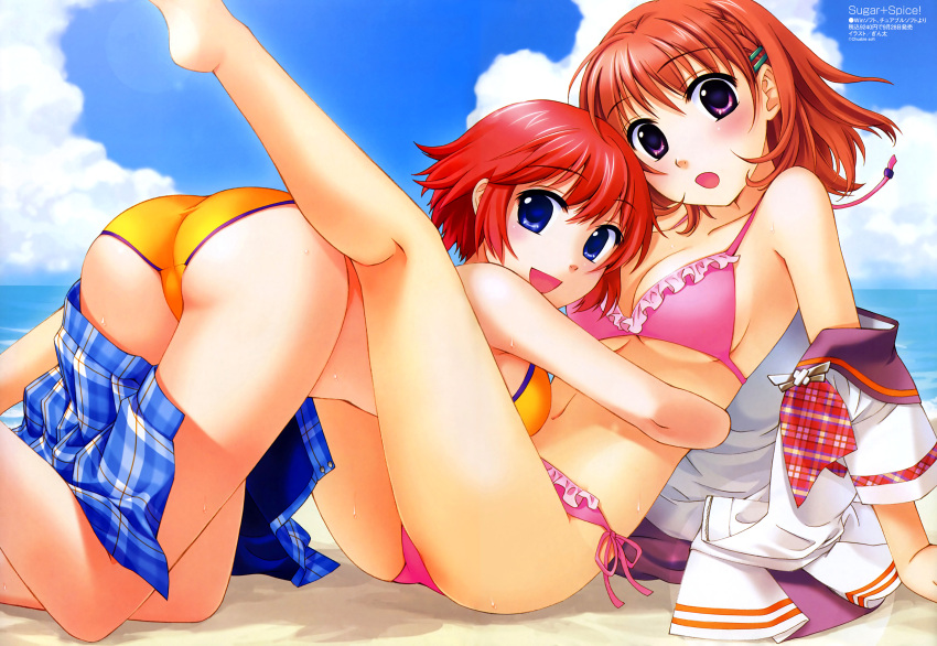 2000s_(style) 2girls :o absurdres ass barefoot beach bent_over bikini blue_eyes blush breasts brown_hair cleavage crossover day feet frills ginta hair_ornament hairclip haruse_uta highres hug leg_lift magazine_scan medium_breasts megami_magazine midriff multiple_girls official_art outdoors photoshop_(medium) pink_eyes plaid plaid_skirt pure_x_cure purple_eyes red_hair scan school_uniform short_hair side-tie_bikini_bottom sitting skirt smile soles sugar+spice! sweat swimsuit tachibana_karin toes underboob undressing water