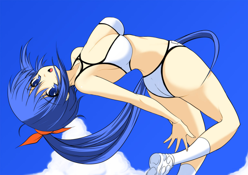 bikini blue_eyes blue_hair blush breasts cleavage female jumping medium_breasts original painttool_sai_(medium) ponytail profile shijou_sadafumi socks solo swimsuit white_bikini