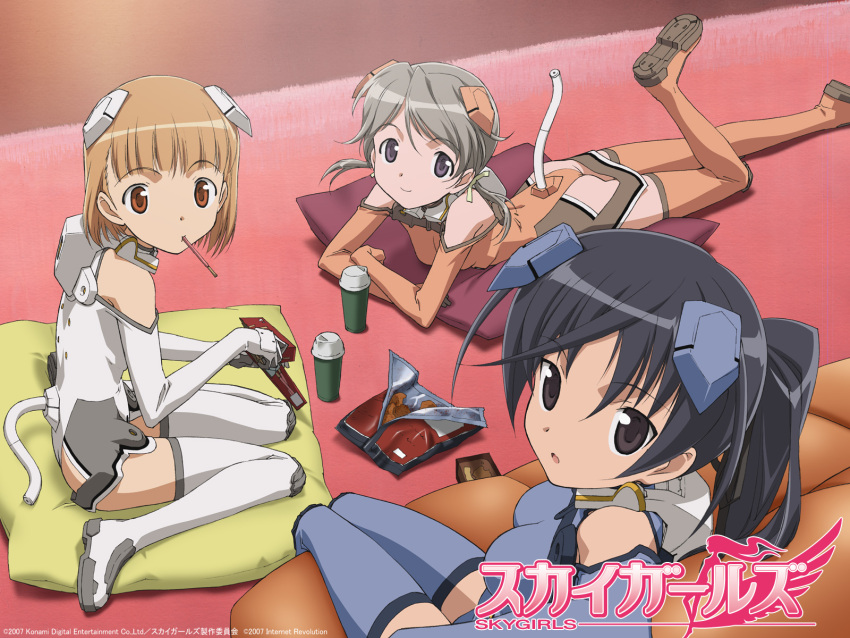 3girls ahoge ass bare_shoulders black_eyes black_hair blue_footwear blue_gloves blue_thighhighs blunt_bangs boots breasts cable chips_(food) company_name copyright_name couch crossed_arms cup dated drink eating elbow_gloves food food_in_mouth from_above from_side full_body gloves grey_hair hair_ribbon halterneck headgear highres holding ichijou_eika indoors iwakura_kazunori knee_pads leg_up leotard light_brown_hair light_smile logo long_hair looking_at_viewer looking_back low_twintails lying motion_slit mouth_hold multiple_girls official_art on_stomach orange_eyes orange_footwear orange_gloves orange_legwear orange_leotard parted_bangs pillow pilot_suit pocky ponytail potato_chips purple_eyes ribbon sakurano_otoha short_hair silhouette sitting sky_girls small_breasts smile sonomiya_karen swept_bangs thigh_boots thighhighs turtleneck twintails wariza white_footwear white_gloves white_legwear white_leotard